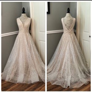 La Femme white illusion gown with pockets